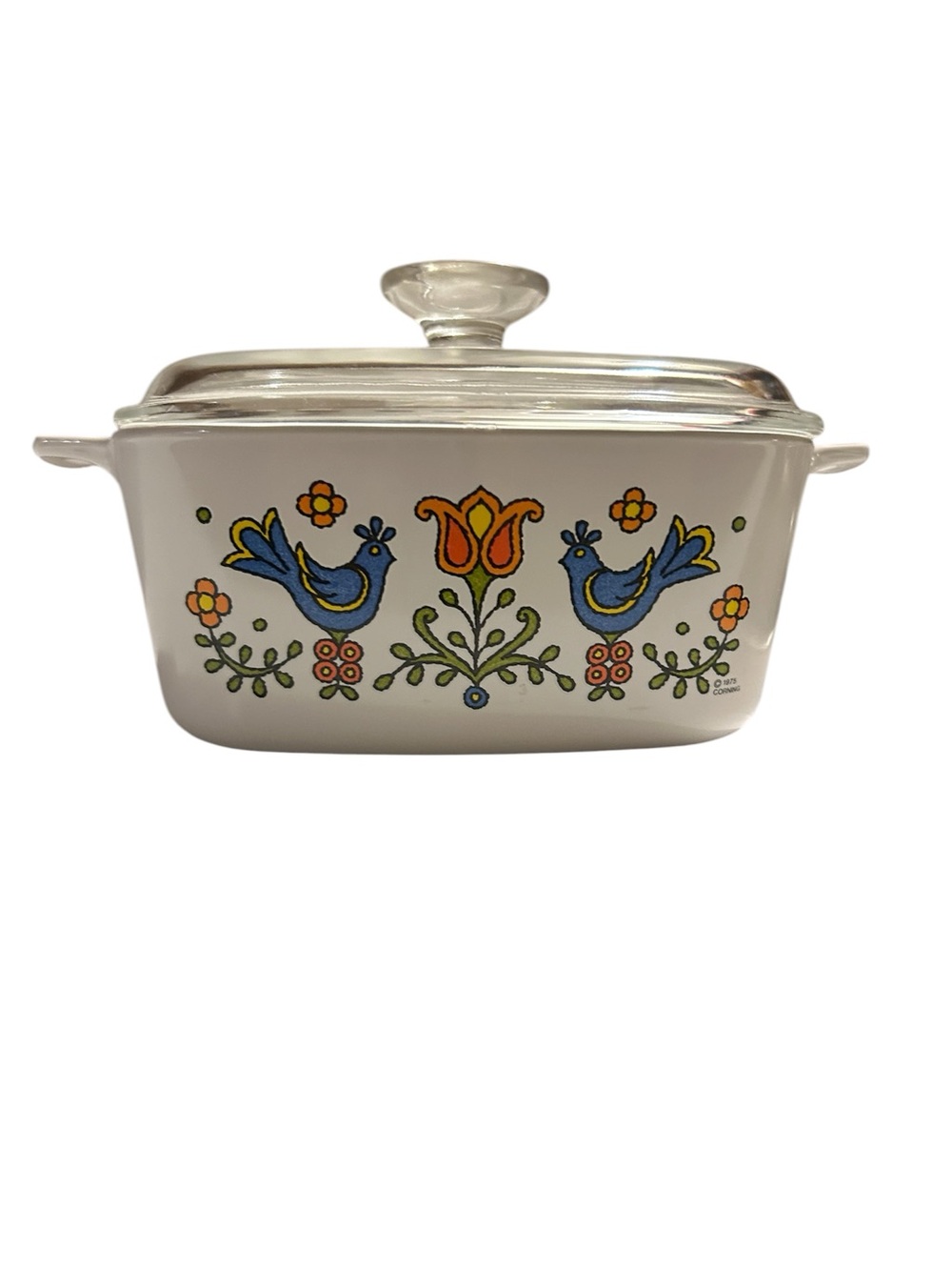 Corningware vintage casserole dish with Pyrex lid “country festivals/Friendship